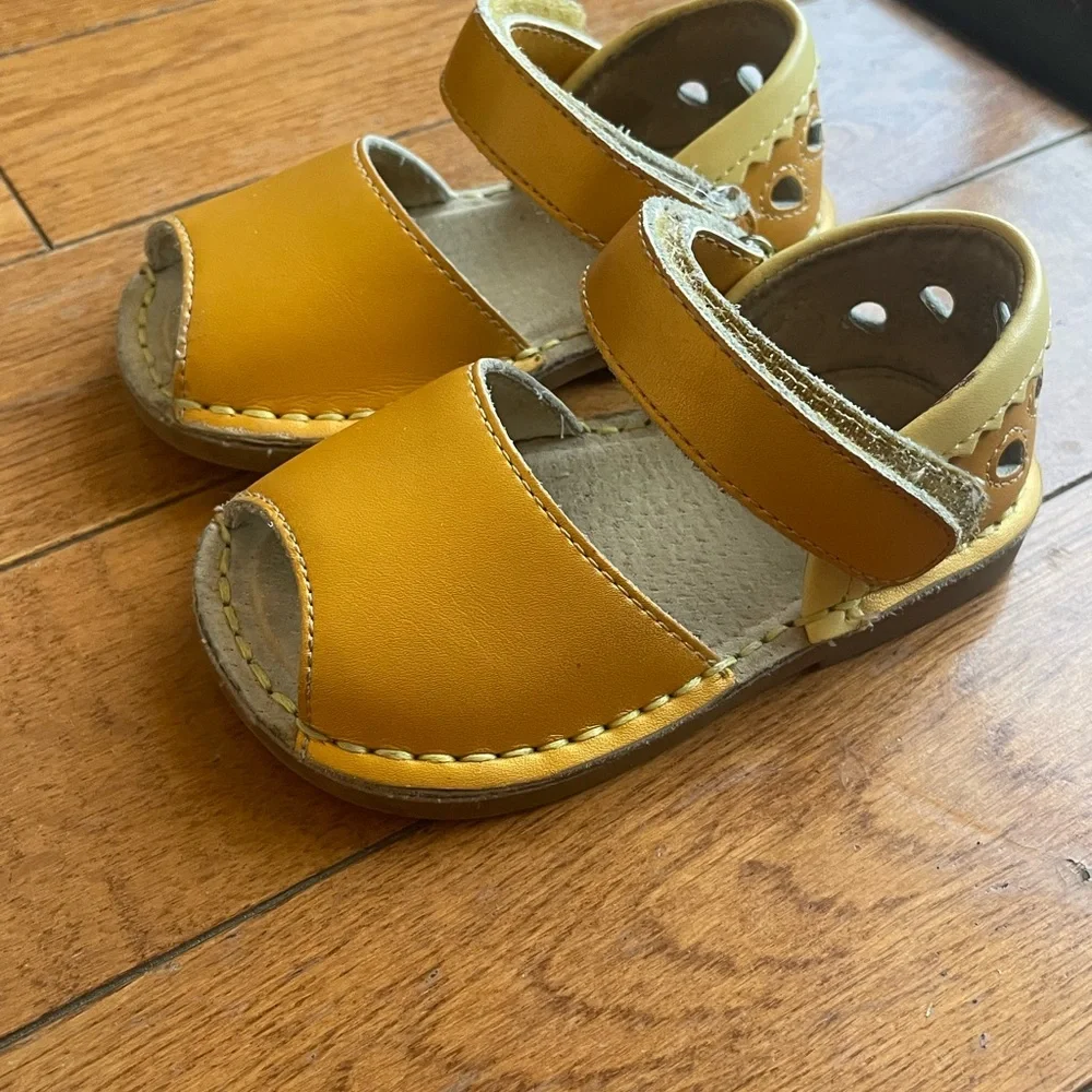 Kids Mustard Yellow Leather Sandals with Hook-and-Loop Strap